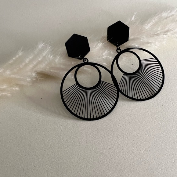 Black Art Deco Geometric Classic Dangle Earrings - Minimalist Statement Earrings - Picture 7 of 14